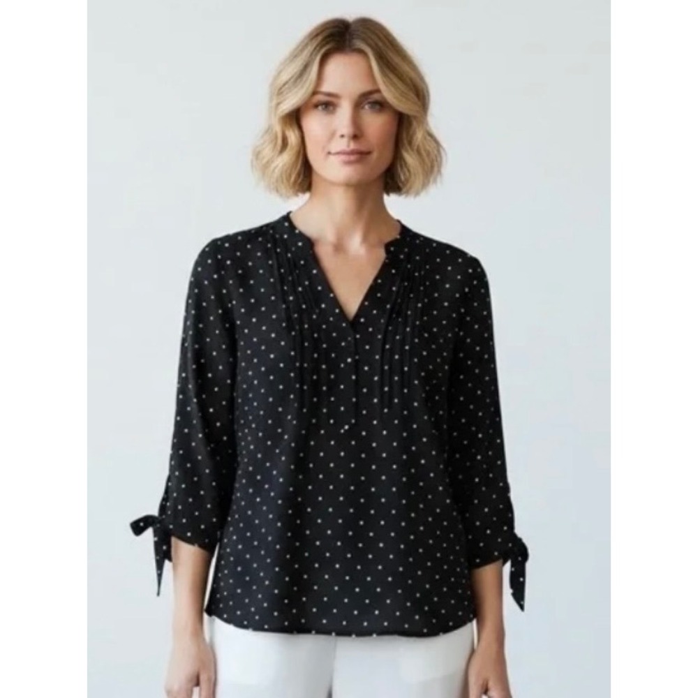 FatFace Polka Dot Pintuck V-Neck Blouse with Tie Cuffs Black US 2